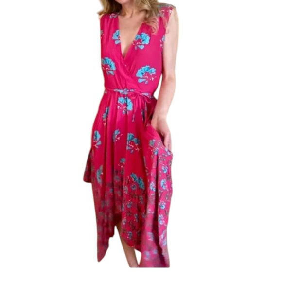 Maje Dress Rushia Asymmetric Cocktail, Pink & Blue Floral, Small, EUC - Picture 1 of 9